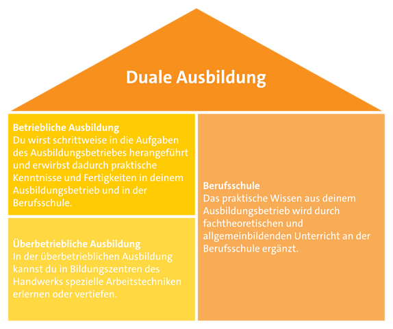 Grafik zum Aufbau der Dualen Ausbildung in Deutschland. Berufliche und Überbetriebliche Ausbildung ergänzt mit der Berufsschule.