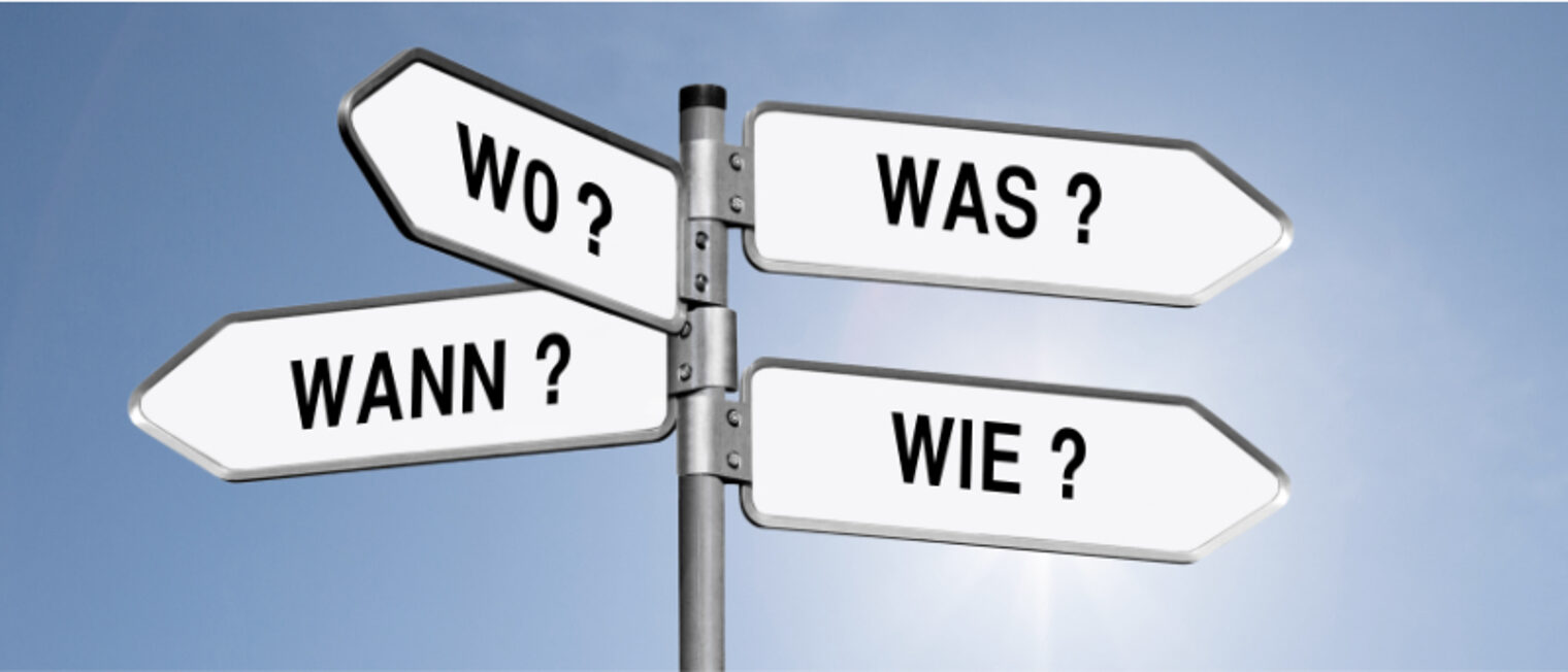 Vier Wegweiser als Schilder: Wann?, Wo?, Was?, Wie?