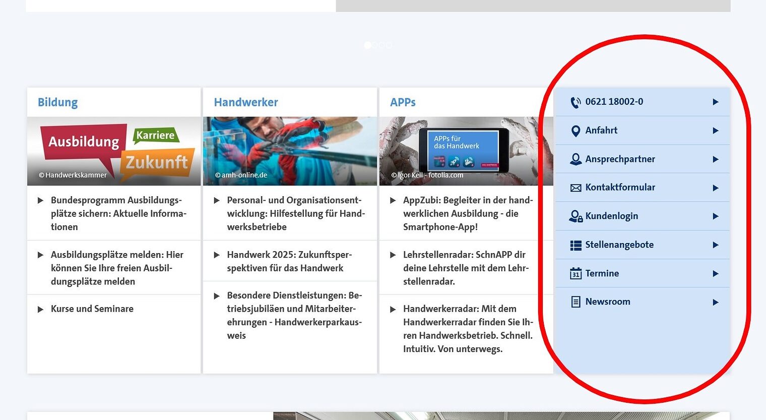 Startseite von www.hwk-mannheim.de mit Info-Menü am rechten Seitenrand mit Links zu Kontaktinformationen, Stellenangeboten, Terminen, News