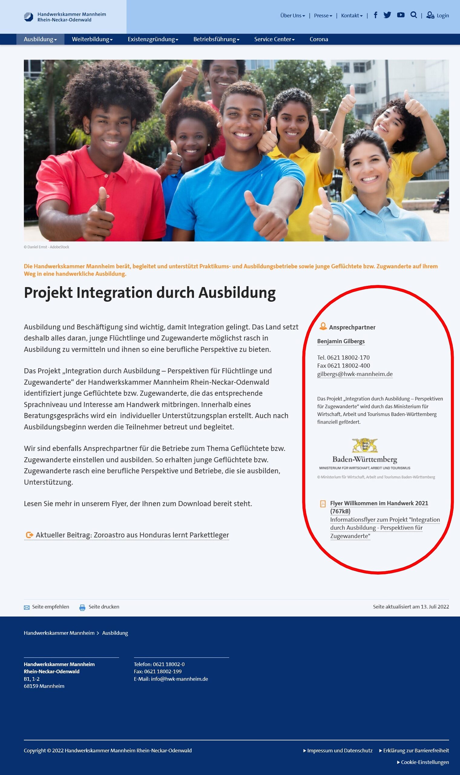 Inhaltsseite auf www.hwk-mannheim.de mit großem Bild oben, Textbeitrag darunter links und Informationen im rechten Bereich