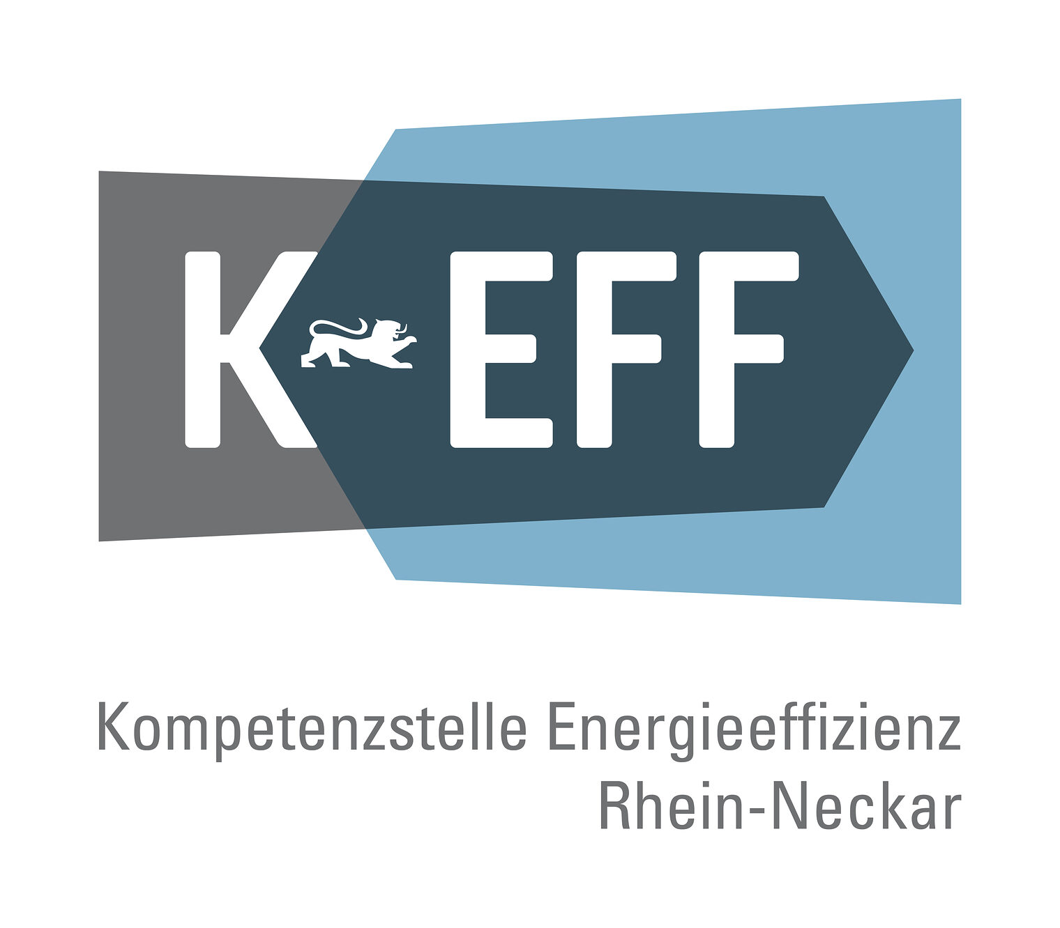 Logo der Komtetenzstelle Energieeffizienz Rhein-Neckar Zwei Pfeile die ineinander gehen. Einer ist blau der andere grau. Auf dem grauen Pfeil steht KEFF