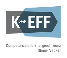 Logo der Komtetenzstelle Energieeffizienz Rhein-Neckar Zwei Pfeile die ineinander gehen. Einer ist blau der andere grau. Auf dem grauen Pfeil steht KEFF