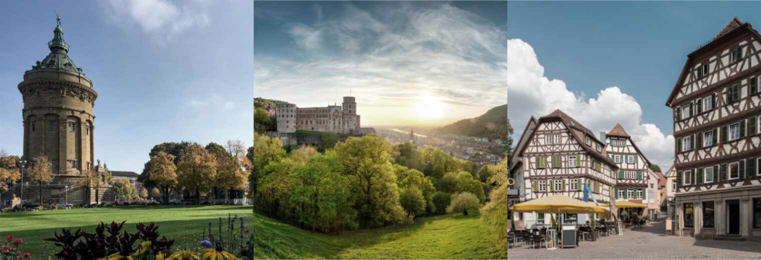 Bildcollage mit dem Wasserturm in Mannheim, dem Schloß in Heidelberg und dem Marktplatz in Mosbach.