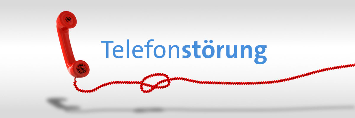 Roter Telefonhörer mit einem geringelten Telefonkabel, das einen Knoten aufweist. Text: Telefonstörung