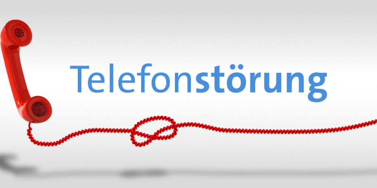 Telefonstörung Roter Telefonhörer mit einem geringelten Telefonkabel, das einen Knoten aufweist. Text: Telefonstörung