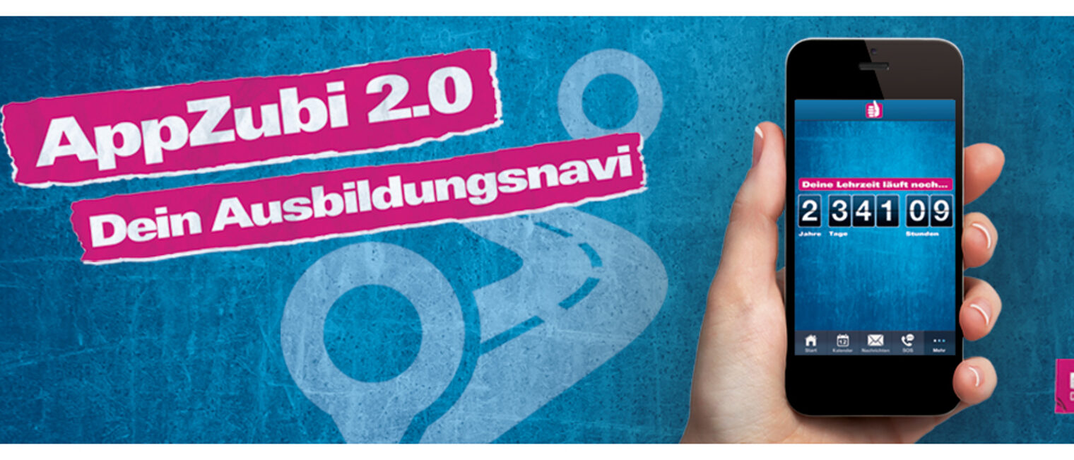 Eine Hand haelt ein Handy mit dem Anzeigebild Lehrzeit-Countdown der AppZubi 2.0.