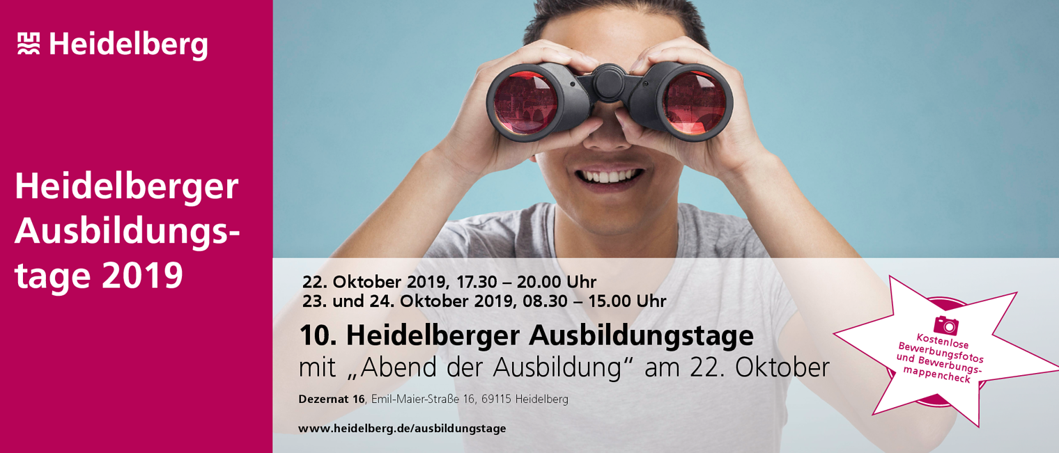 Werbeplakat der Heidelberger Ausbildungstage 2019. Zu sehen ist eine Frau, die durch ein Fernglas schaut. 