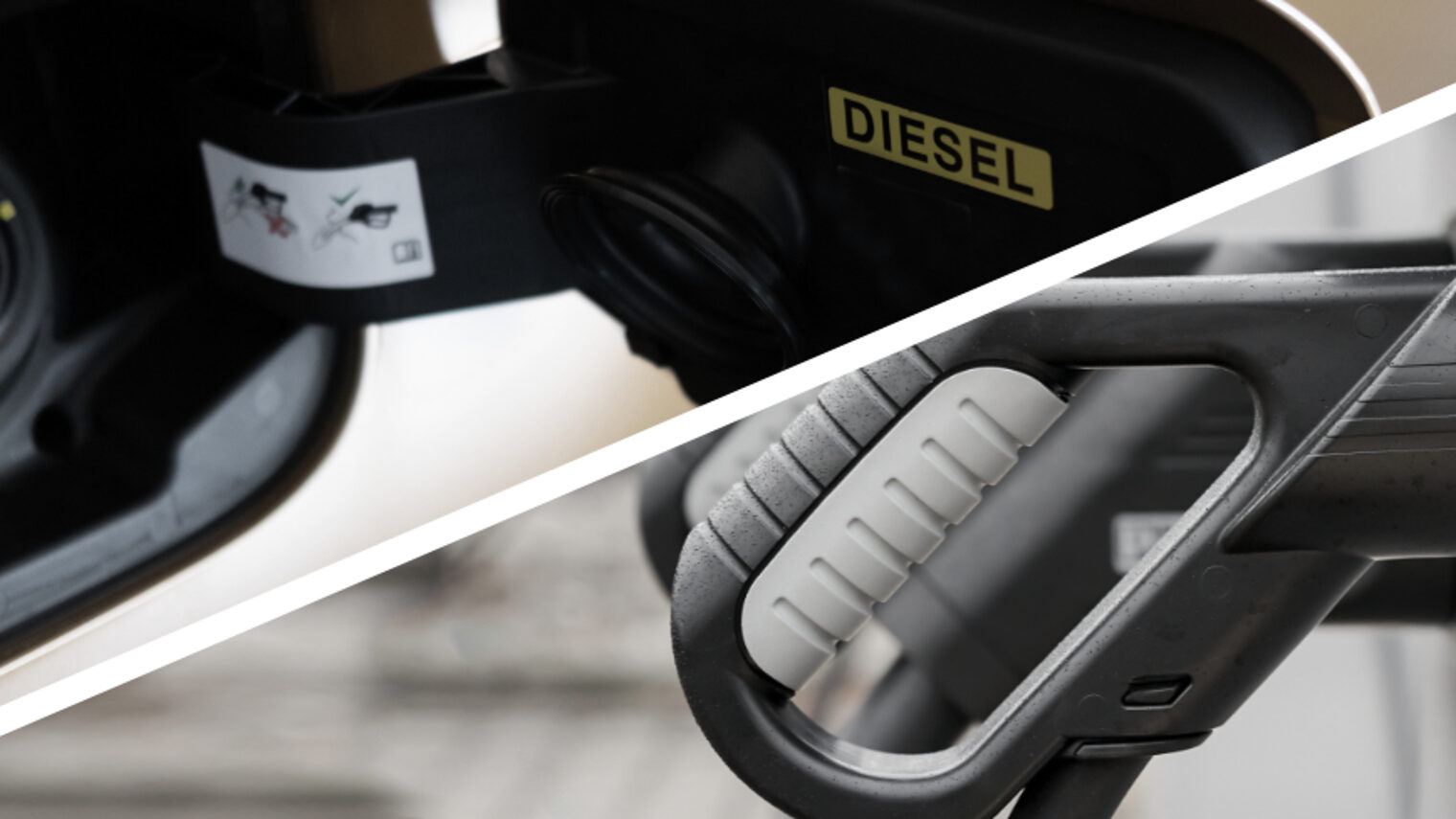 Tank, Auf dem Tankdeckel steht Diesel und Zapfhahn an der Tankstelle