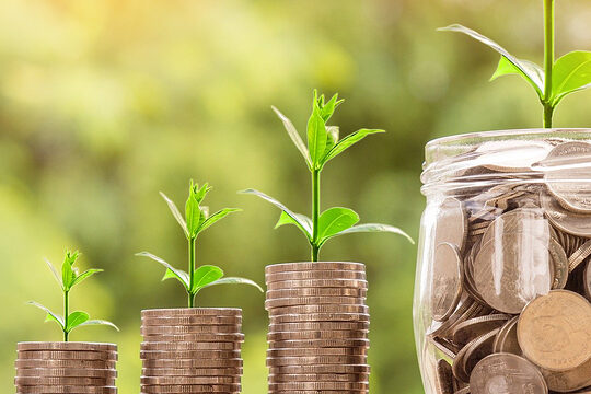 Münzen gestapelt von klein nach groß und obendrau ein kleines Pflänzchen sowie ein großes Glas mit Geldmünzen