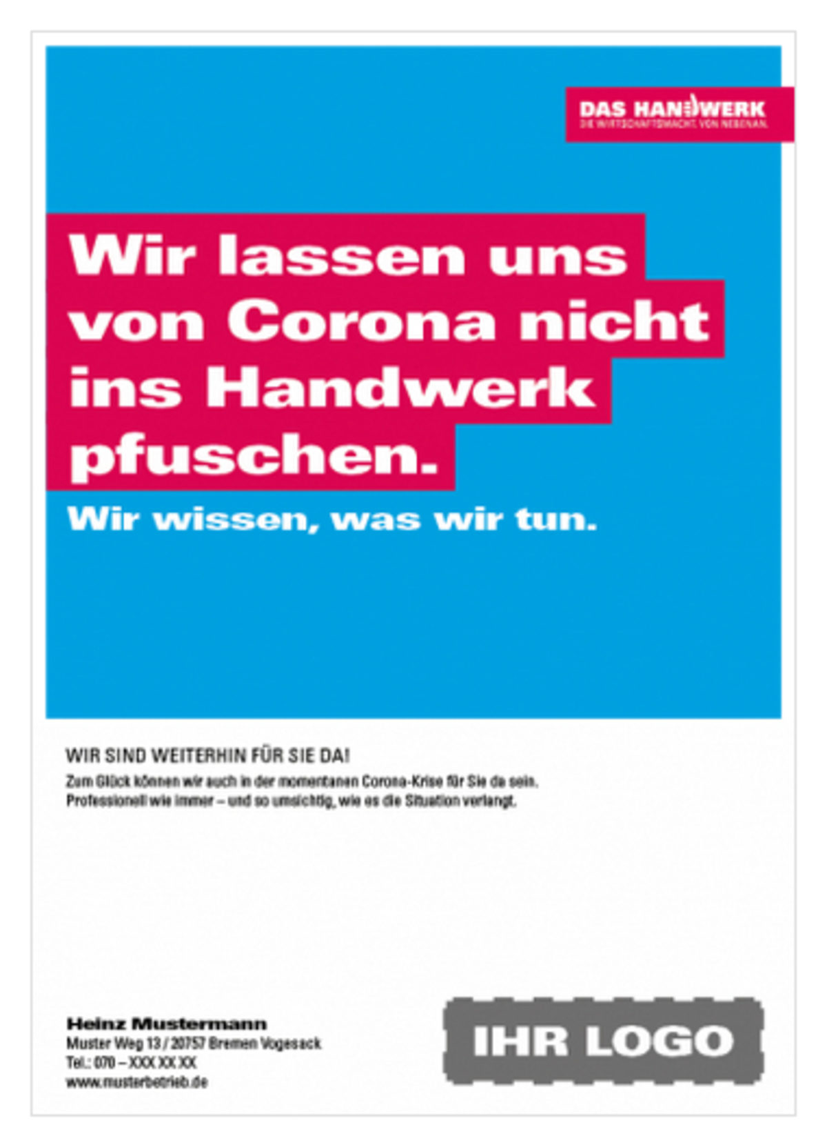 Corona-Motive aus der Imagekampagne. Text: Wir lassen uns von Corona nicht ins Handwerk pfuschen!