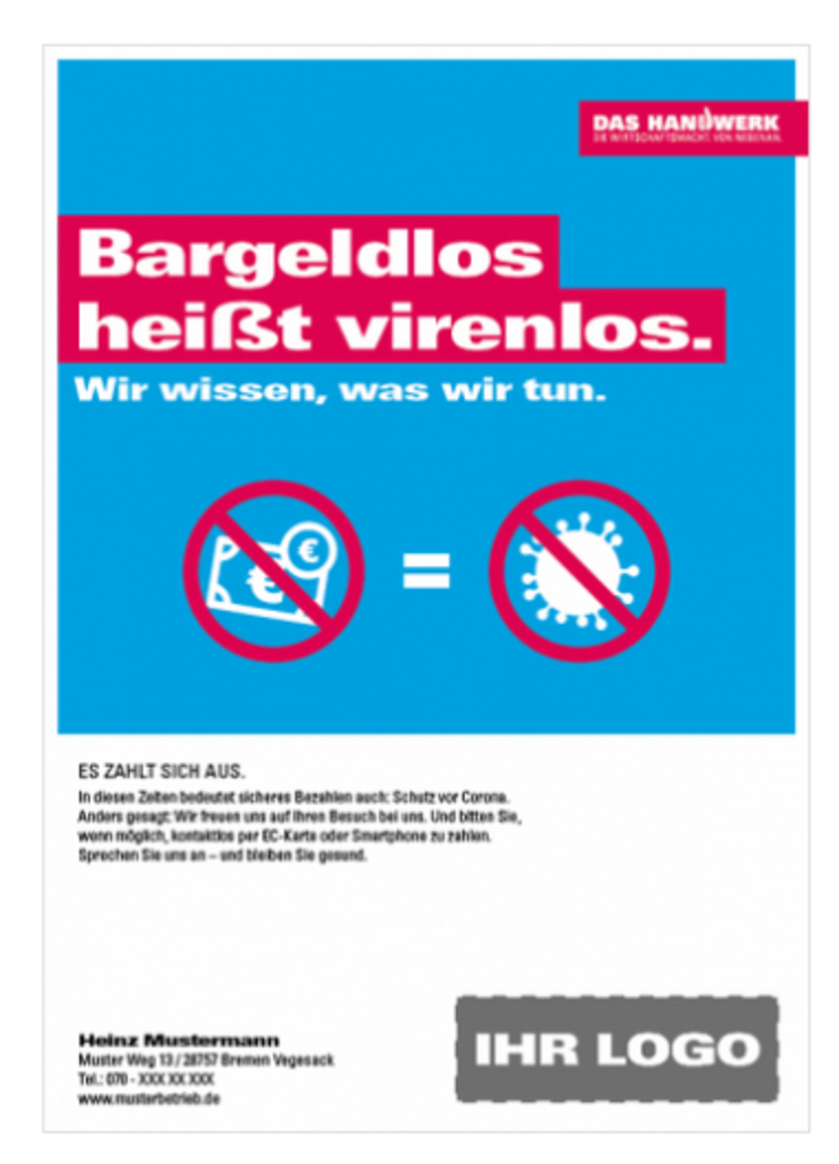 Corona-Motive aus der Imagekampagne. Text: Bargeldlos heißt virenlos!