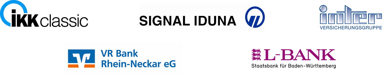 Logoleiste mit den Logos der ikk classic, der Signal Iduna, de Inter Versicherungsgruppe, der VR Bank Rhein-Neckar eG und der L-Bank