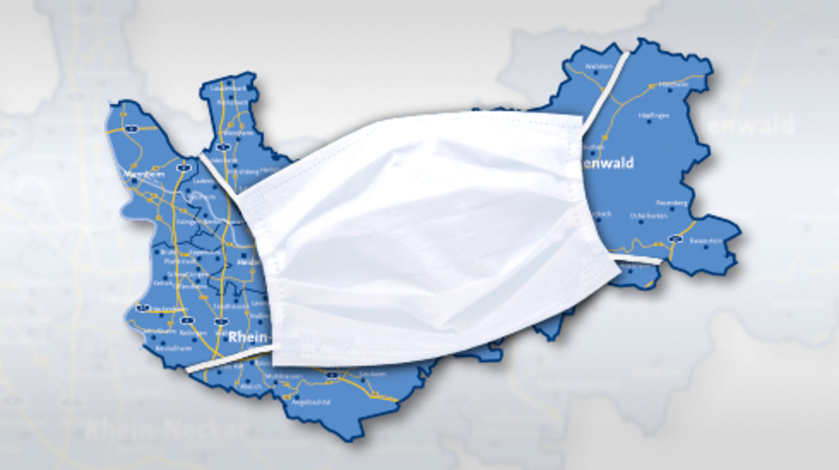 Ausschnitt einer Landkarte mit dem Zuständigkeitsgebiet der Handwerkskammer Mannheim Rhein-Neckar-Odenwald. Über die Karte ist eine Corona Maske gestülpt (grafisch bearbeitet).