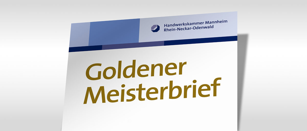 Goldener Meisterbrief Obere Hälfte vom Meisterbrief zu sehen mit dem Logo der Handwerkskammer und mit der Aufschrift: Goldener Meisterbrief in der Farbe Gold