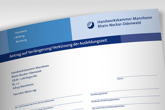 Vorzeitige Zulassung zur Gesellen- bzw. Abschlussprüfung beantragen. Zu sehen ist der obere Ausschnitte eines Antrages.