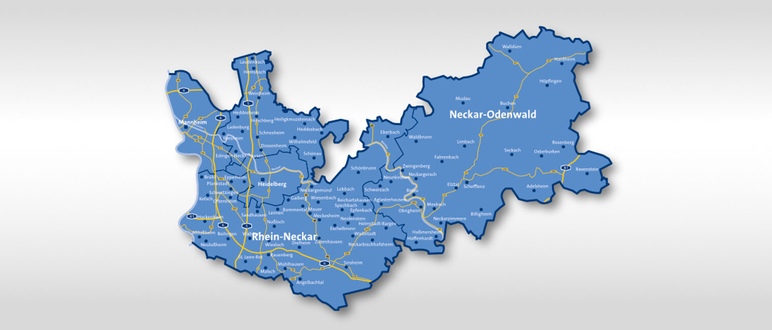 Landkarte: Region Mannheim Rhein Neckar Odenwald in blau gehalten, eingeteilt in die Landkreise Rhein-Neckar und Neckar-Odenwald und die Stadtkreise Heidelberg und Mannheim 
