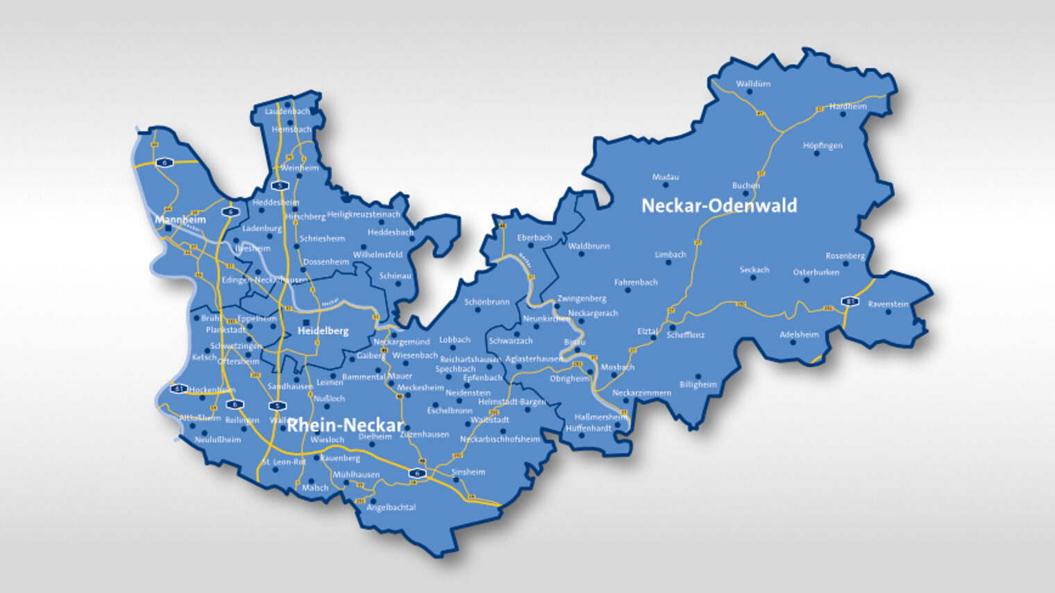 Landkarte: Region Mannheim Rhein Neckar Odenwald in blau gehalten, eingeteilt in die Landkreise Rhein-Neckar und Neckar-Odenwald und die Stadtkreise Heidelberg und Mannheim 