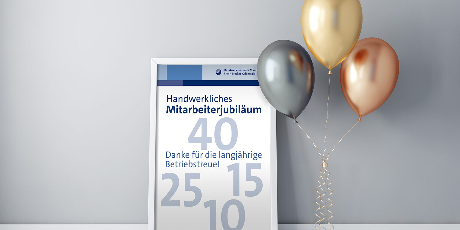 Jubiläum, Ehrung, Jubilar, Ehren, Urkunde Ein Bilderrahmen mit den Zahlen 10, 15, 25, 40 und dem Titel: Handwerkliches Mitarbeiterjubiläum und Luftballons in Farben Bronze, Silber und Gold