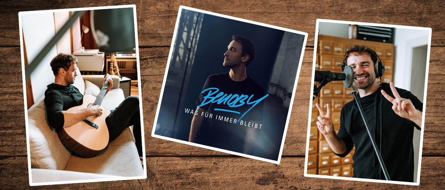 Benoby mit Gitarre; Benobys Coverbild mit dem Text: Benoby, was für immer bleibt; Benoby im Tonstudio mit Kopfhörer und am Stehmikrofon und zeigt mit beiden Händen das Peace-Zeichen