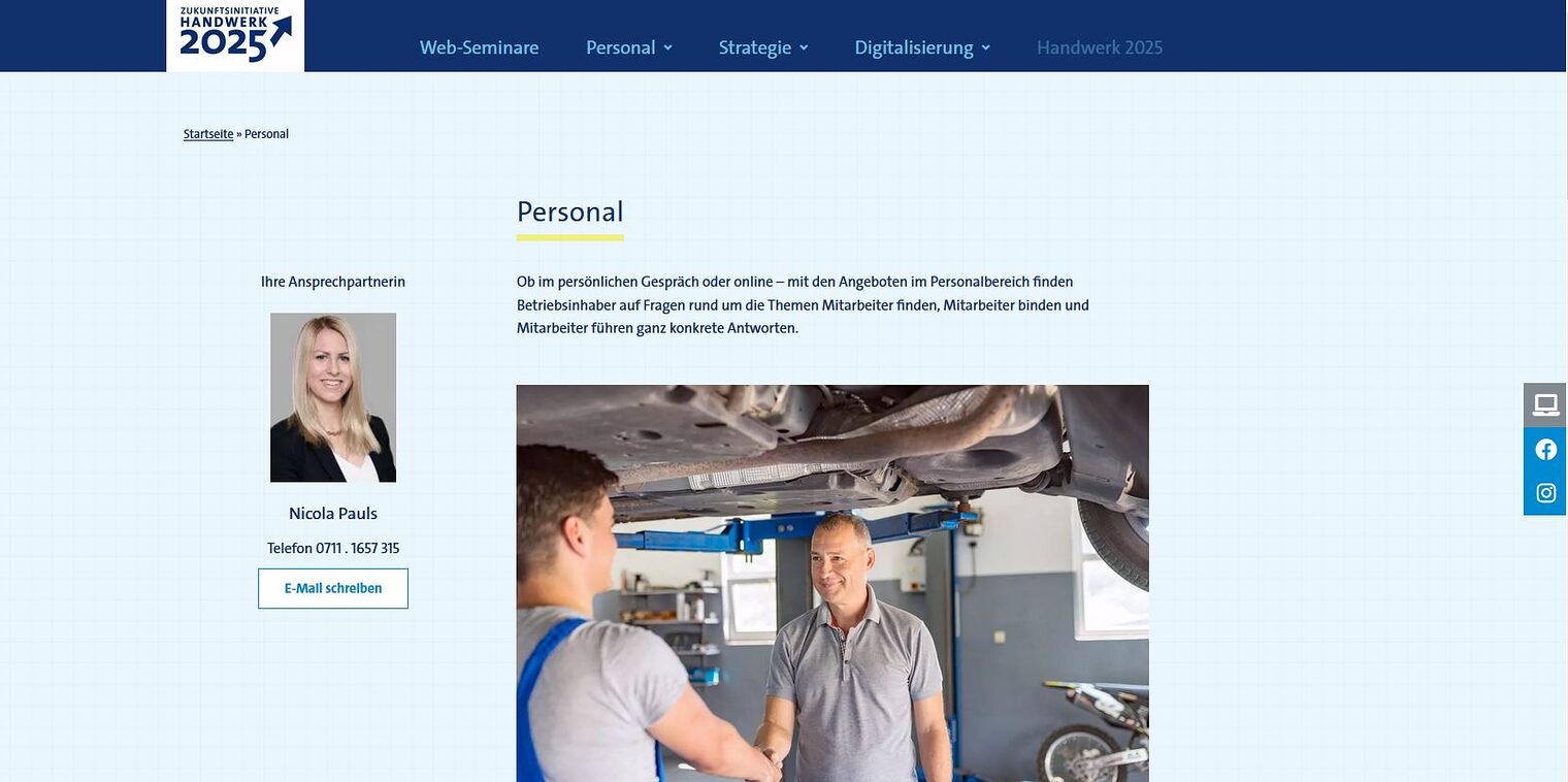 Screenshot Website Handwerk 2025, Bild von zwei Personen, die sich die Hand schütteln, blauer Hintergrund