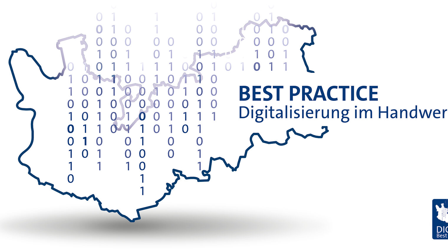 Die Karte des Kammerbezirkes der Handwerkskammer bei der von oben Einsen und Nullen herunterfallen, um die Digitalisierung im Kammergebiet zu visualisieren. Überschrift auf dem Bild: Best Practice - Digitalisierung im Handwerk.