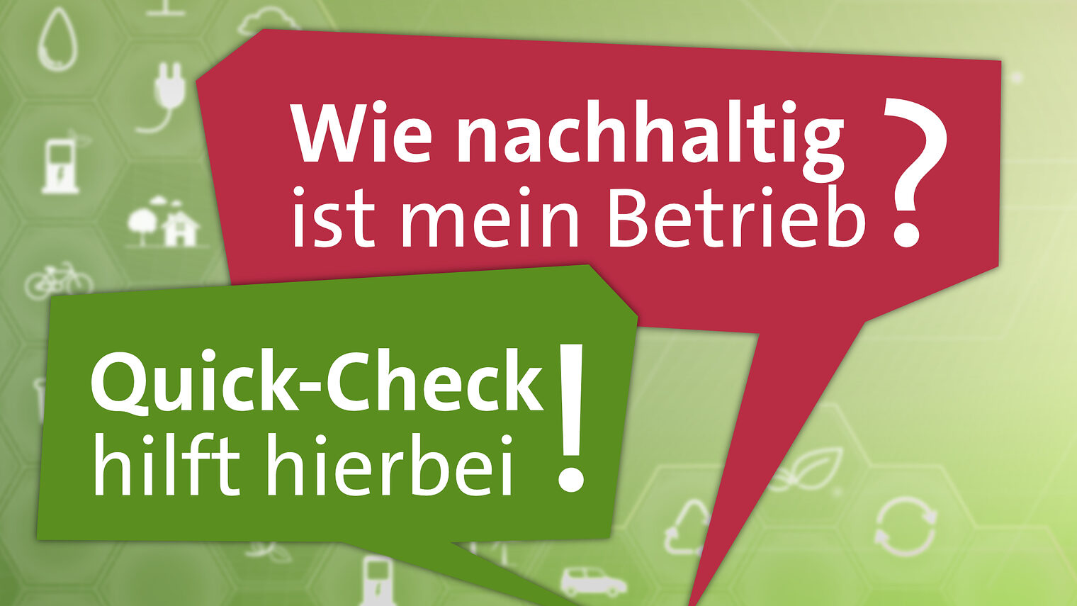 Zwei Sprechblaen. Frage: Wie nachhaltig ist mein Betrieb? Antwort: Quick-Check hilft hierbai!