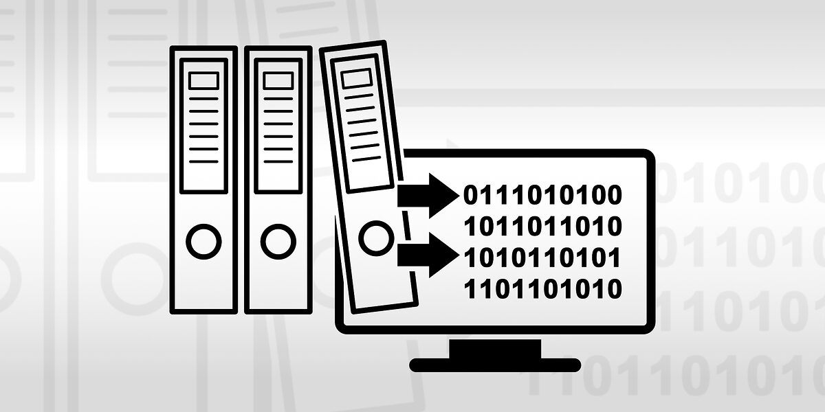 Dokumentenordner die dargestellt in einen Monitor verschwinden und zu binären Einsen und Nullen werden - Digitales Büro