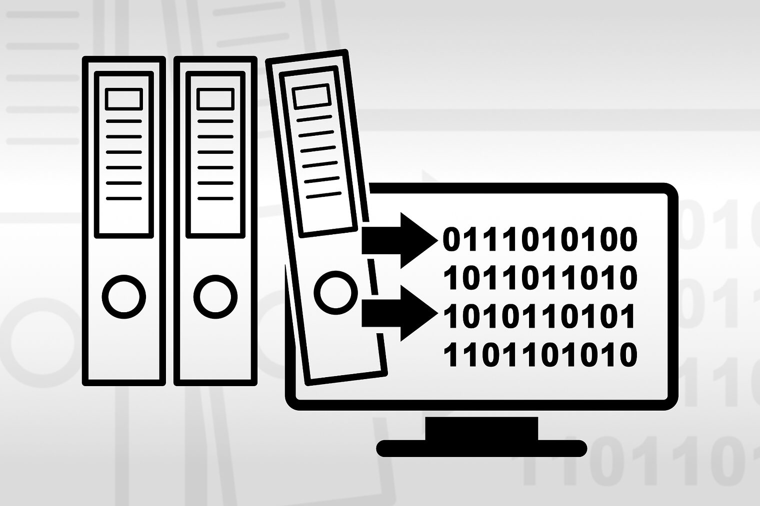 Dokumentenordner die dargestellt in einen Monitor verschwinden und zu binären Einsen und Nullen werden - Digitales Büro