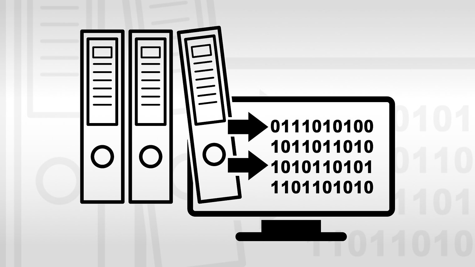 Dokumentenordner die dargestellt in einen Monitor verschwinden und zu binären Einsen und Nullen werden - Digitales Büro