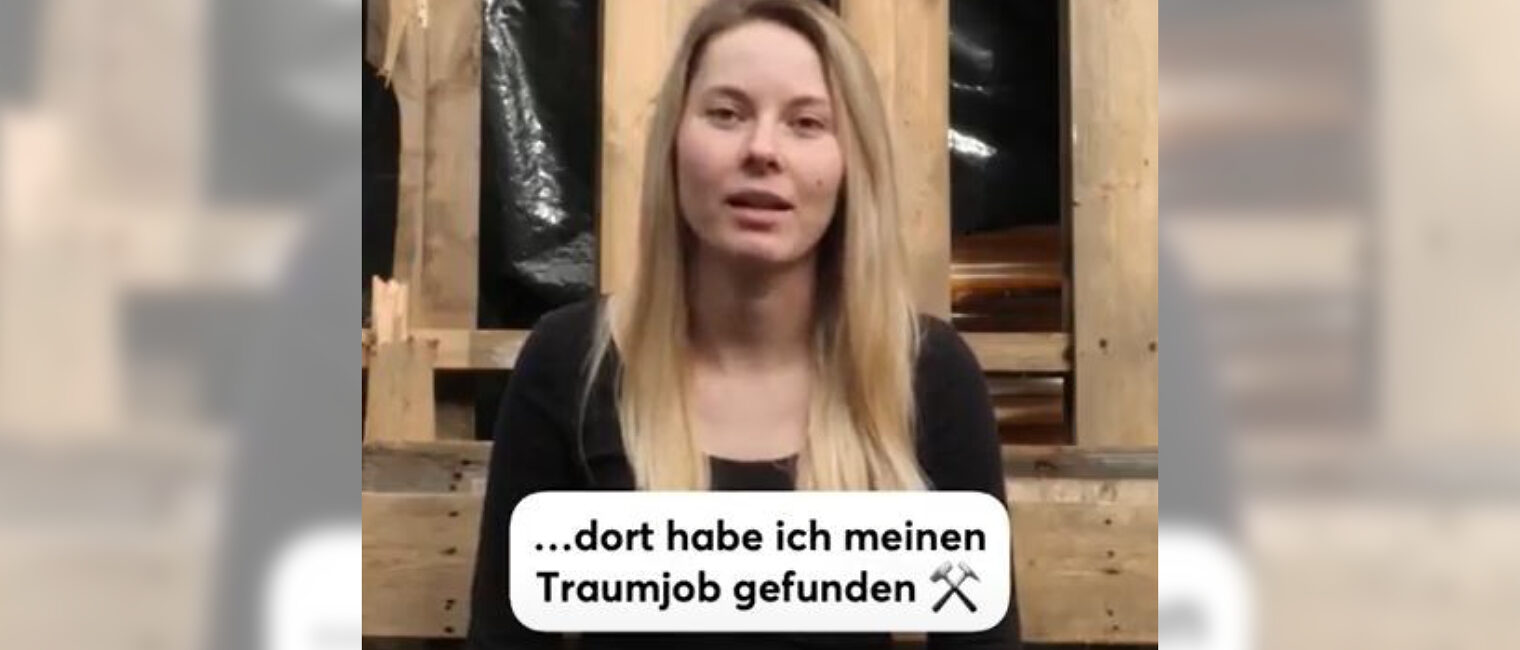 Hannah Scheurer spricht in einem Video über ihre Ausbildung im Handwerk. Zu sehen ist Hannah und einen Spruch: ... dort habe ich meinen Traumjob gefunden