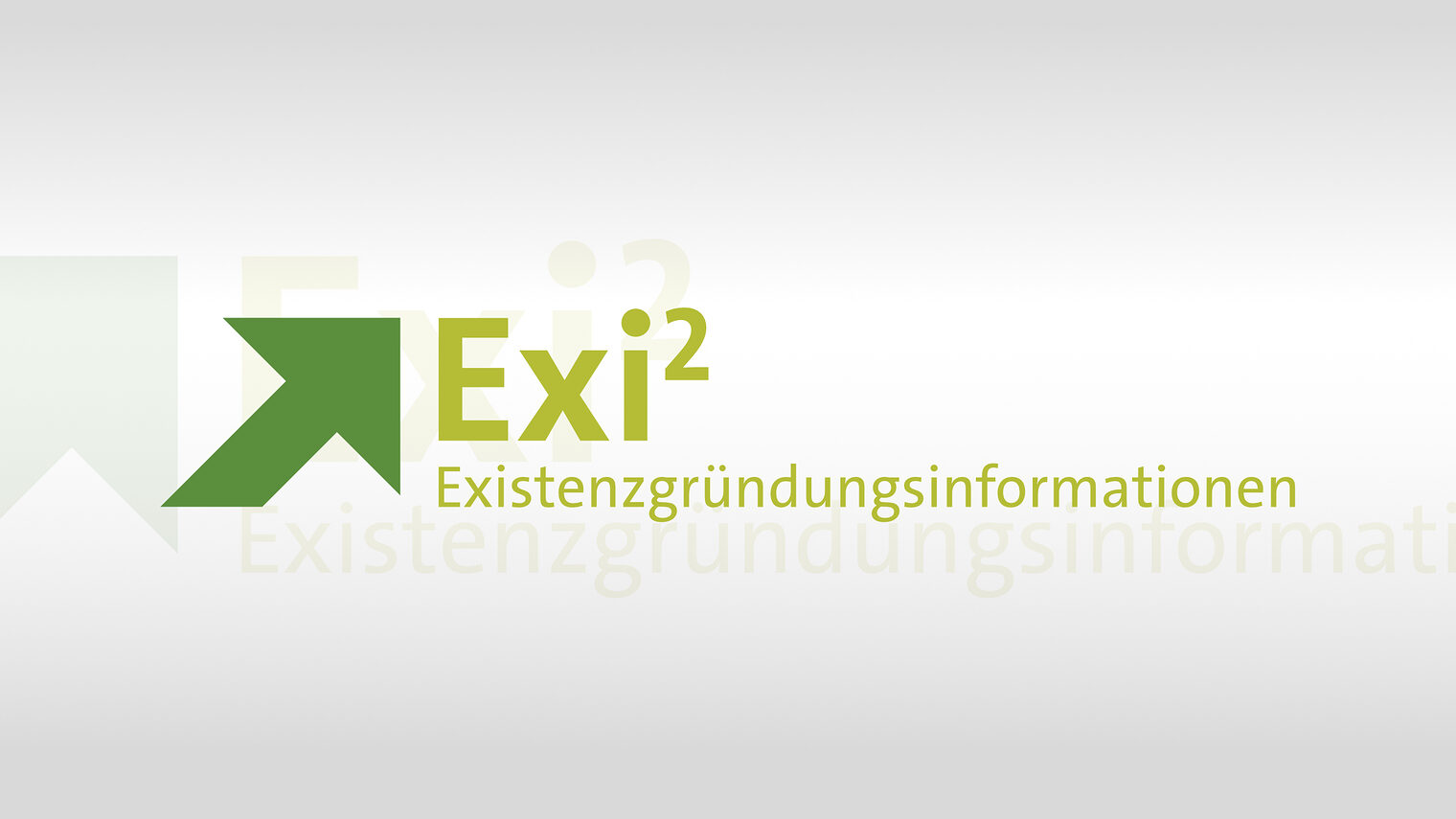 Signet der Veranstaltung: Existenzgründungsinfomation; dunkelgrüner Pfeil von links unten nach rechts oben zeigend mit dem Wortmarke "Exi²" und dem Zusatz Existentzgründungsinformation