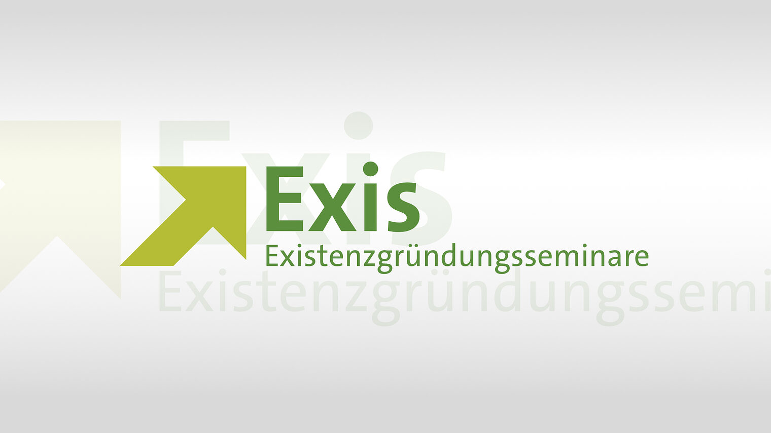Signet der Veranstaltung: Existenzgründungsseminare; hellgrüner Pfeil von links unten nach rechts oben zeigend mit dem Wortmarke "Exis" und dem Zusatz Existentzgründungsseminare