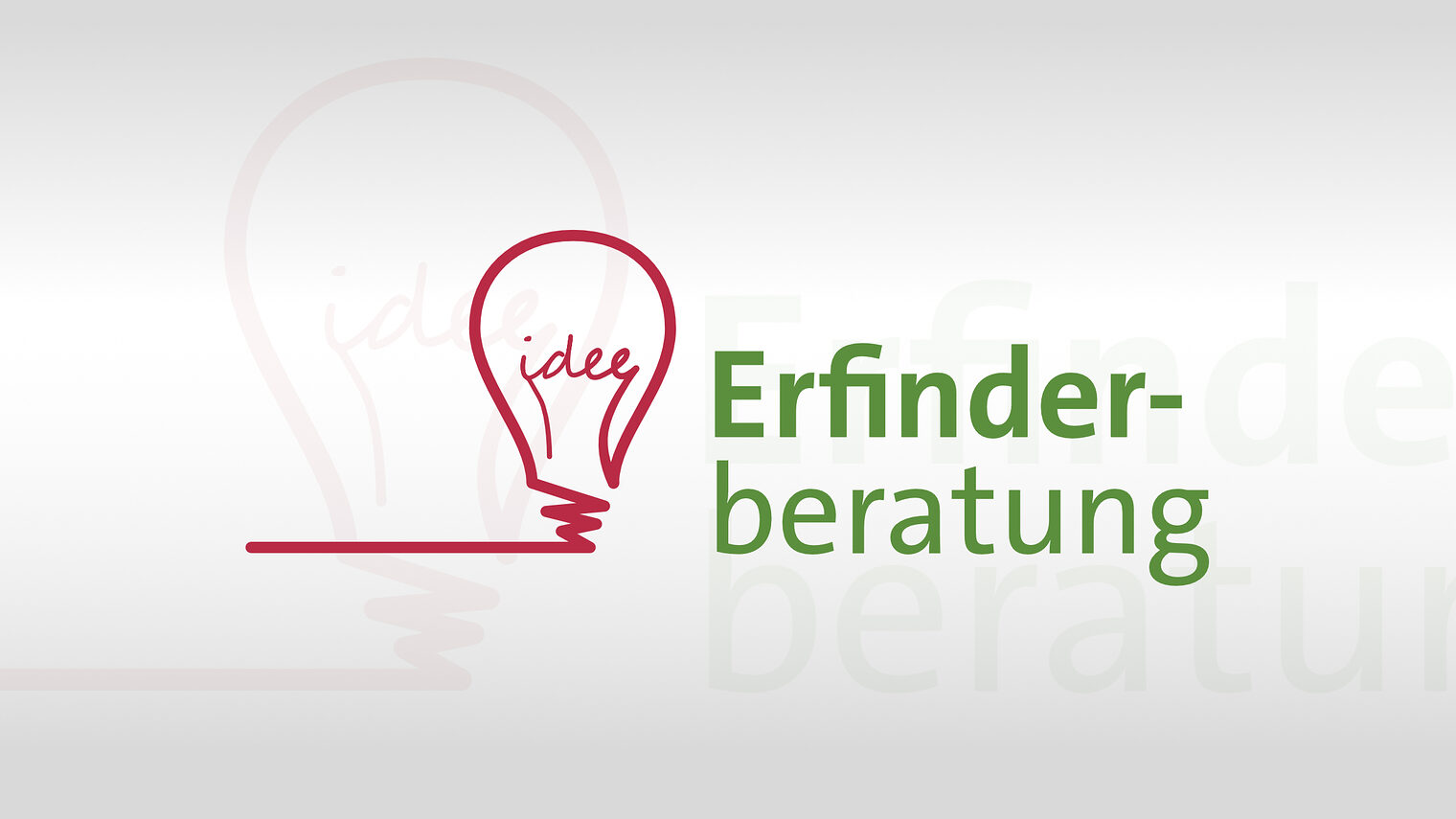 Signet der Veranstaltung: Erfinderberatung; rote, grafisch dargestellte Glühbirne mit dem Glühdraht als "Idee" geschrieben und dem Zusatz Erfinderberatung.