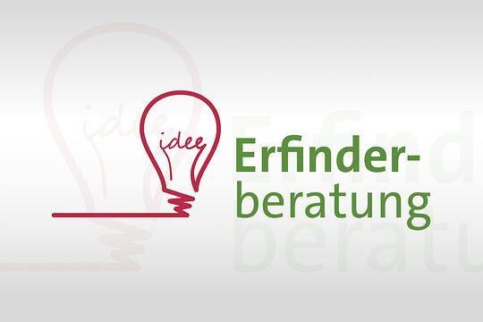 Signet der Veranstaltung: Erfinderberatung; rote, grafisch dargestellte Glühbirne mit dem Glühdraht als "Idee" geschrieben und dem Zusatz Erfinderberatung.