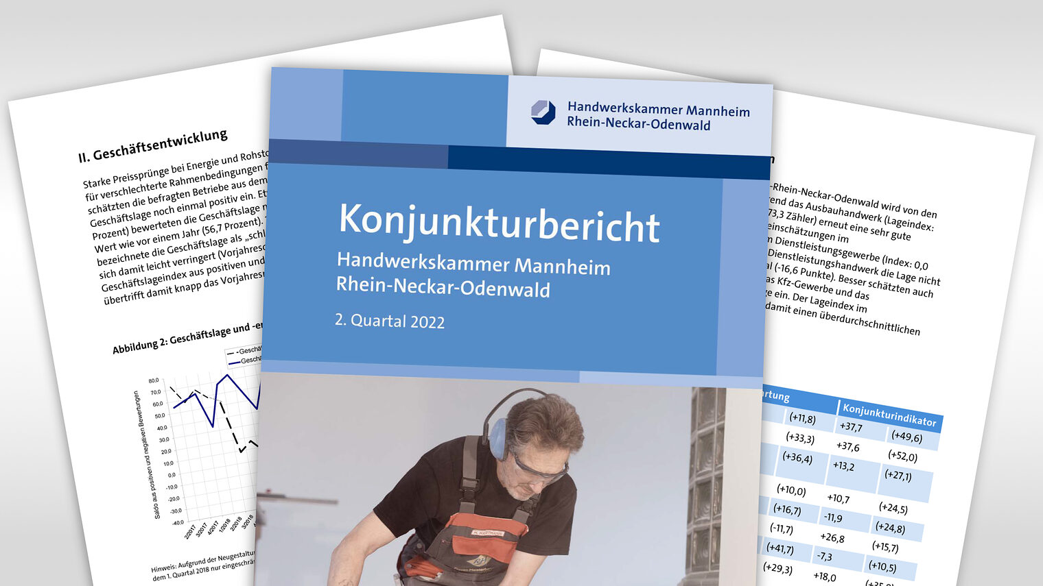 Der Konjunkturbericht, abgebildet mit der Titelseite und zwei Inhaltsseiten.