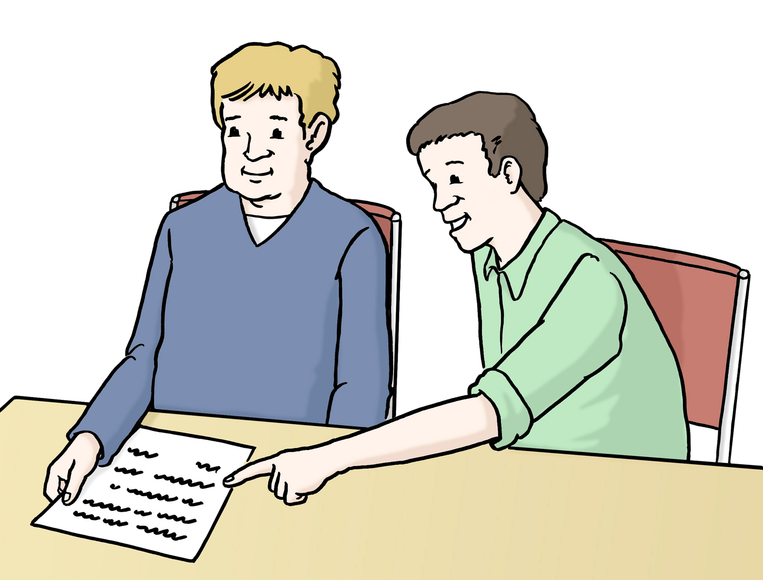 Mann im Hemd erklärt einem neben ihm sitzenden anderen Mann ein auf dem Tisch liegendes Schriftstück und zeigt mit der Hand darauf