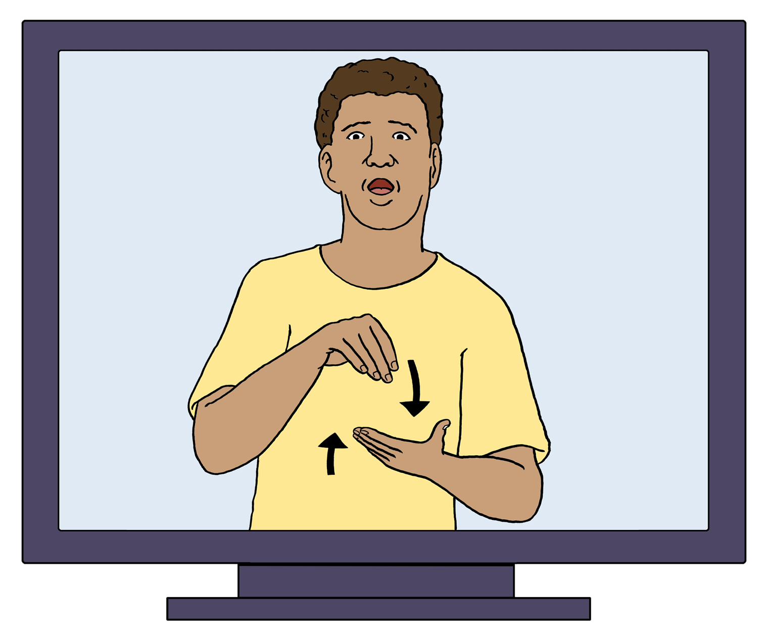 Computerbildschirm zeigt einen Mann, der mit Handzeichen in Gebärdensprache spricht