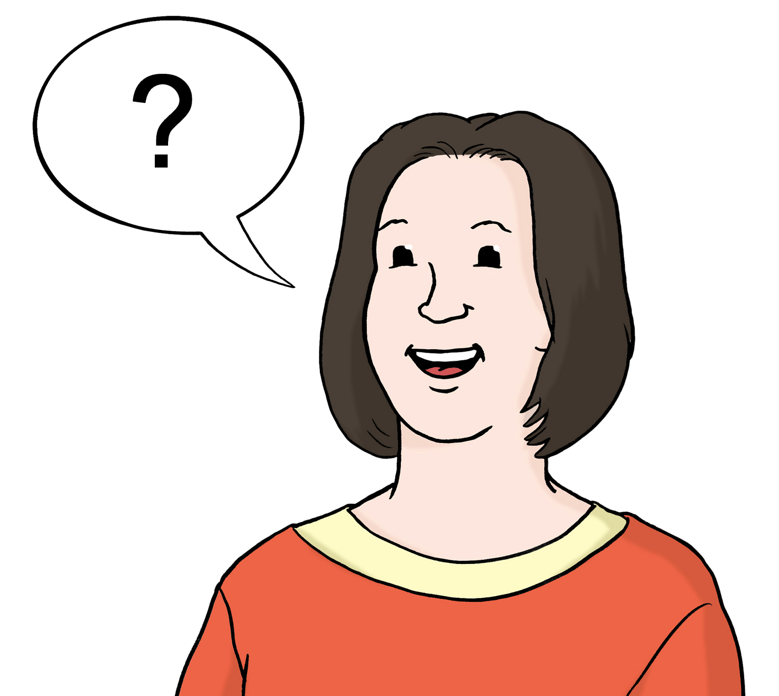 Frau mit kinnlangen dunklen Haaren und lachendem Gesicht stellt eine Frage, wie das Fragezeichen in der Sprechblase neben ihr zeigt