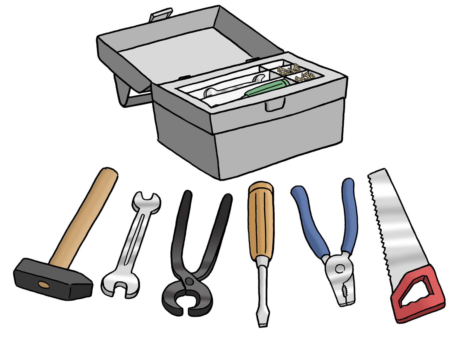 Auswahl von Werkzeugen, das vor einem geöffneten Werkzeugkoffer liegt