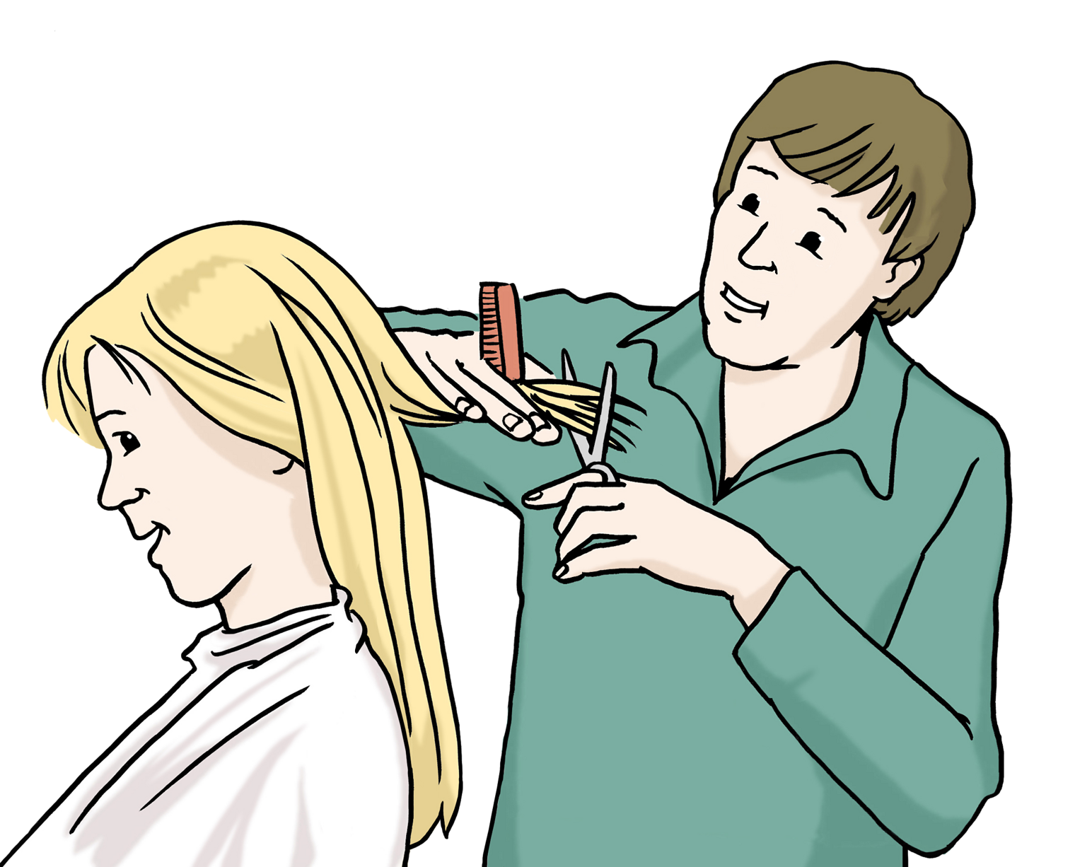 Mädchen mit langen blonden Haaren, links neben einer Friseurin, die ihr mit Kamm und Schere in der Hand die Haare schneidet