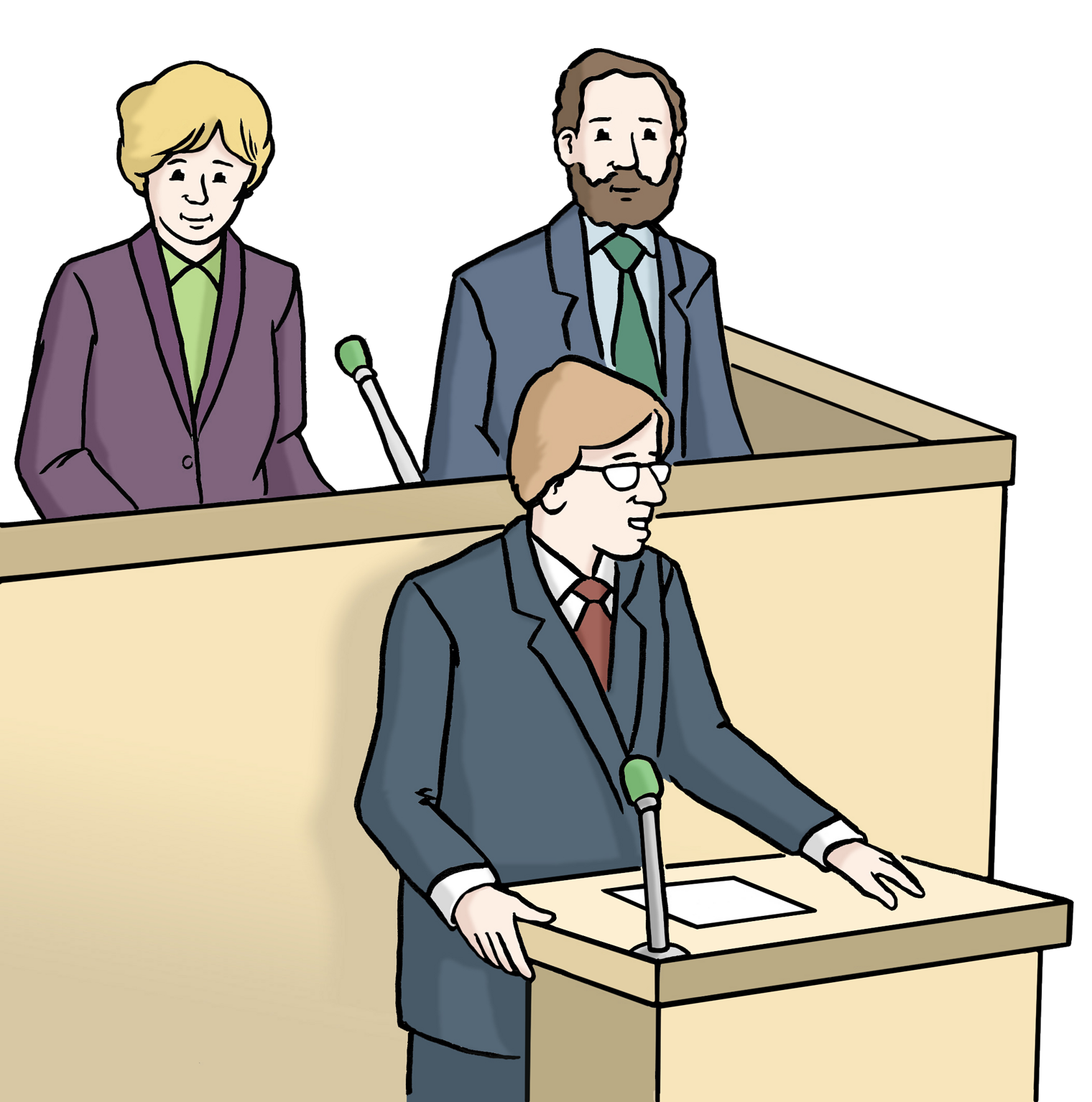 Sprechender Mann im Anzug mit Brille an einem Rednerpult mit Papier, dahinter eine Frau und ein Mann auf einer Empore
