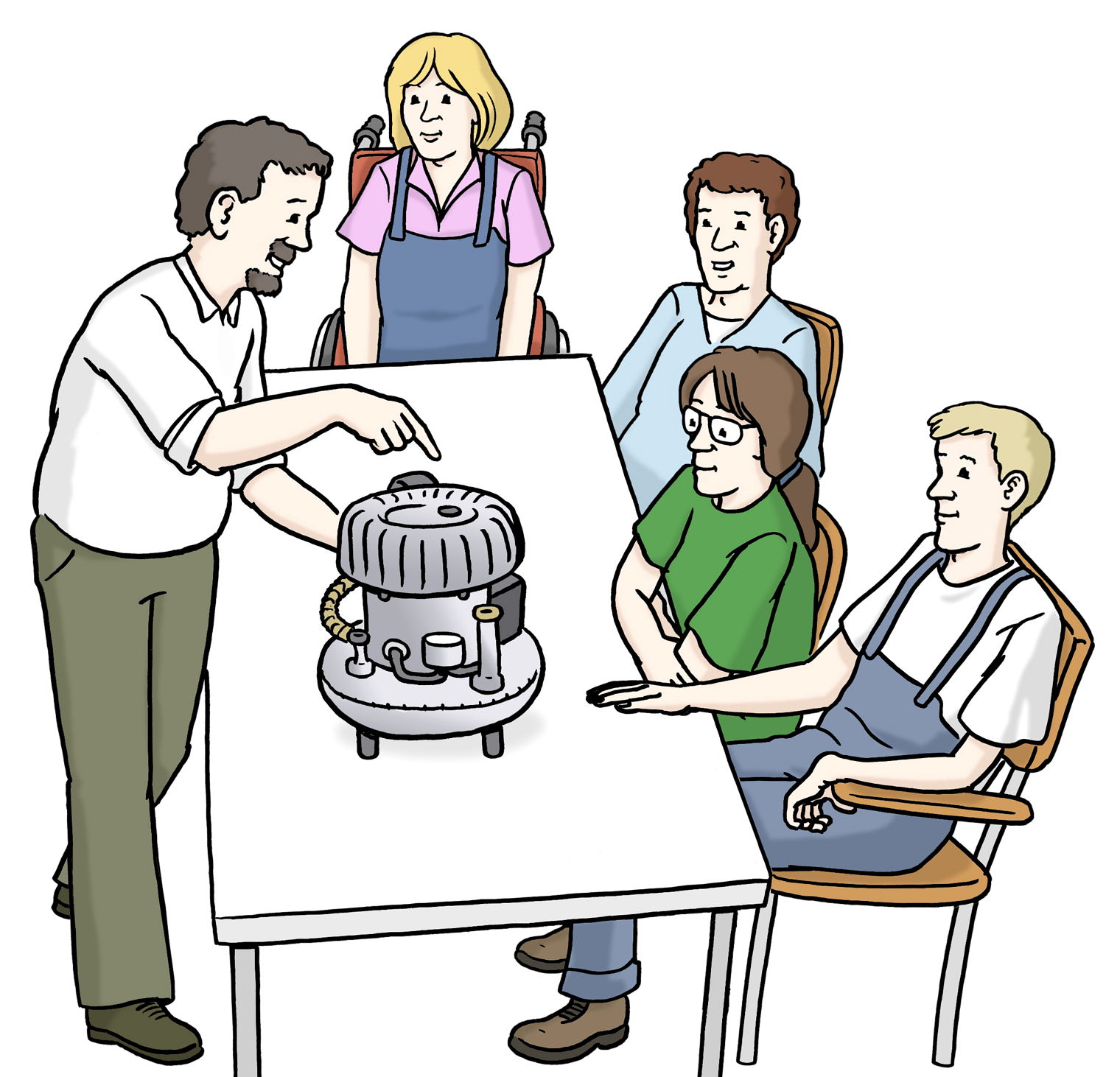 Links steht ein sprechender Lehrer mit Bart und zeigt auf eine Maschine vor ihm auf dem Tisch, an dem vier Schüler sitzen und zuhören