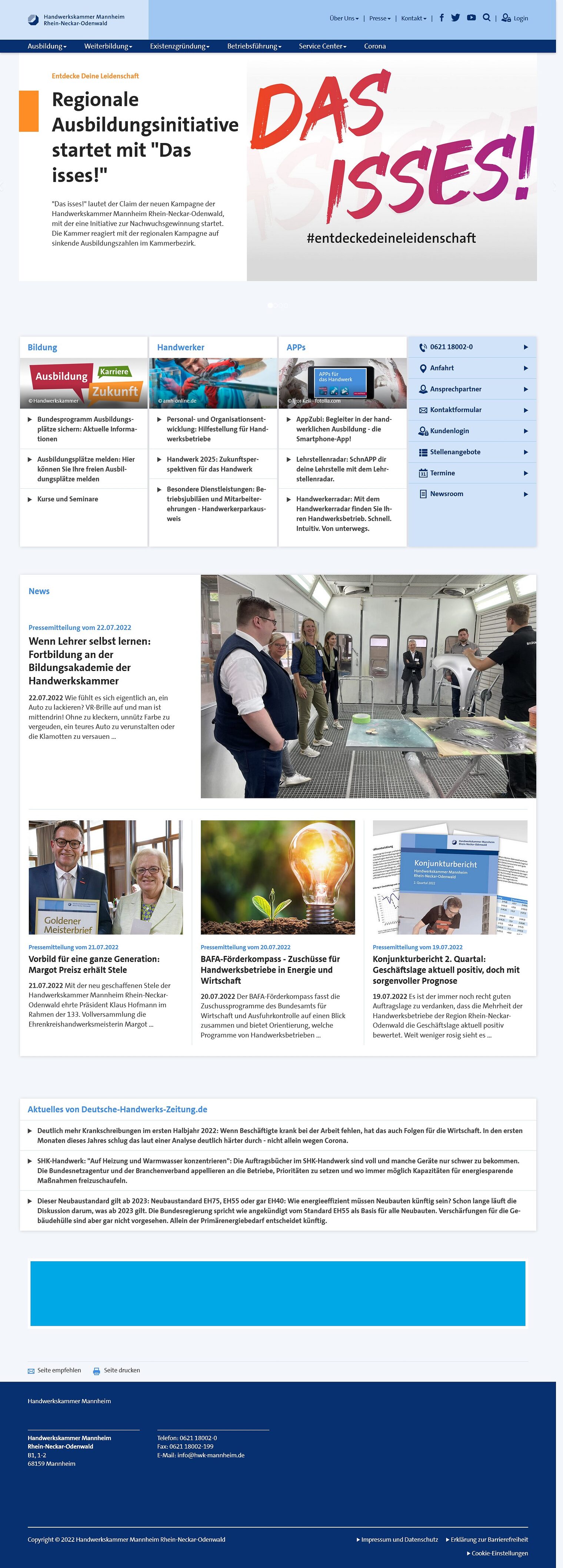 Bild von der Startseite der Handwerkskammer Mannheim in der Gesamtübersicht vom Header bis zum Footer.