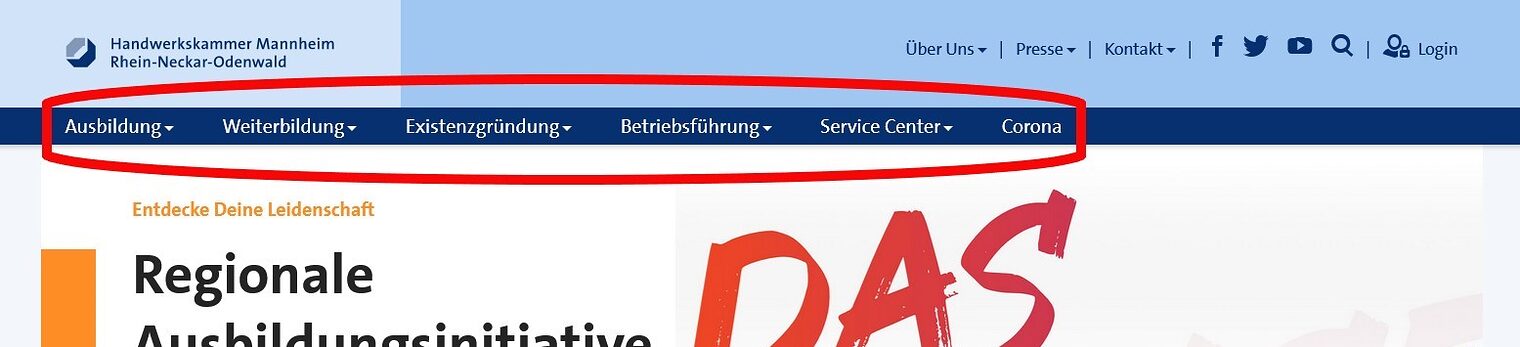 Hauptnavigation auf www.hwk-mannheim.de mit Menüpunkten Ausbildung, Weiterbildung, Existenzgründung, Betriebsführung und Service Center.