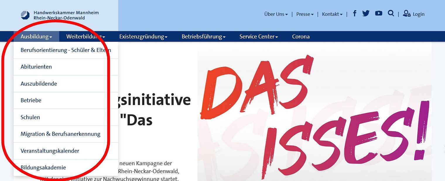 Hauptnavigation auf www.hwk-mannheim.de mit dem ausgeklappten Dropdown-Menü beim Menüpunkt Ausbildung mit allen Unterpunkten.