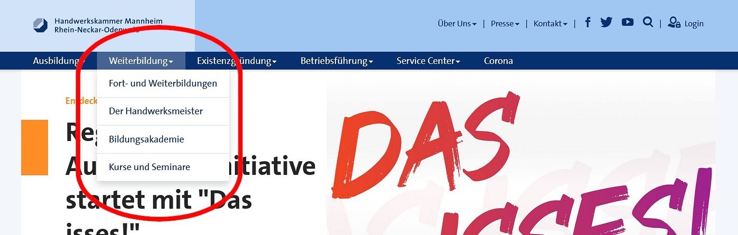 Hauptnavigation auf www.hwk-mannheim.de mit dem ausgeklappten Dropdown-Menü beim Menüpunkt Weiterbildung mit Unterpunkten.