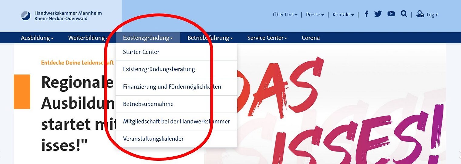 Hauptnavigation auf www.hwk-mannheim.de mit dem ausgeklappten Dropdown-Menü beim Menüpunkt Existenzgründung mit Unterpunkten.
