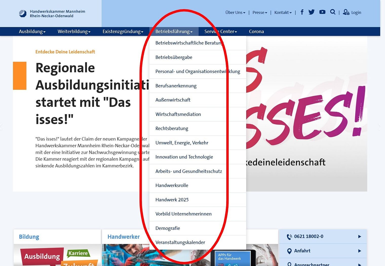 Hauptnavigation auf www.hwk-mannheim.de mit ausgeklapptem Dropdown-Menü beim Menüpunkt Betriebsführung mit Unterpunkten.