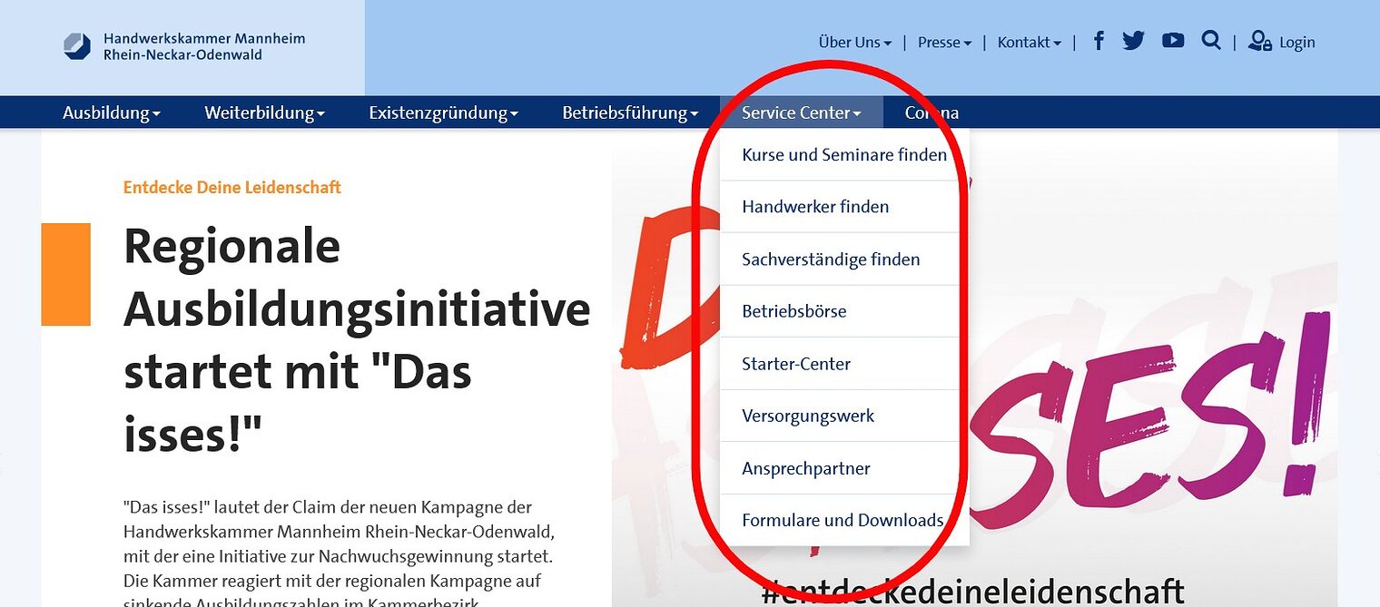 Hauptnavigation auf www.hwk-mannheim.de mit ausgeklapptem Dropdown-Menü beim Menüpunkt Service Center mit Unterpunkten.