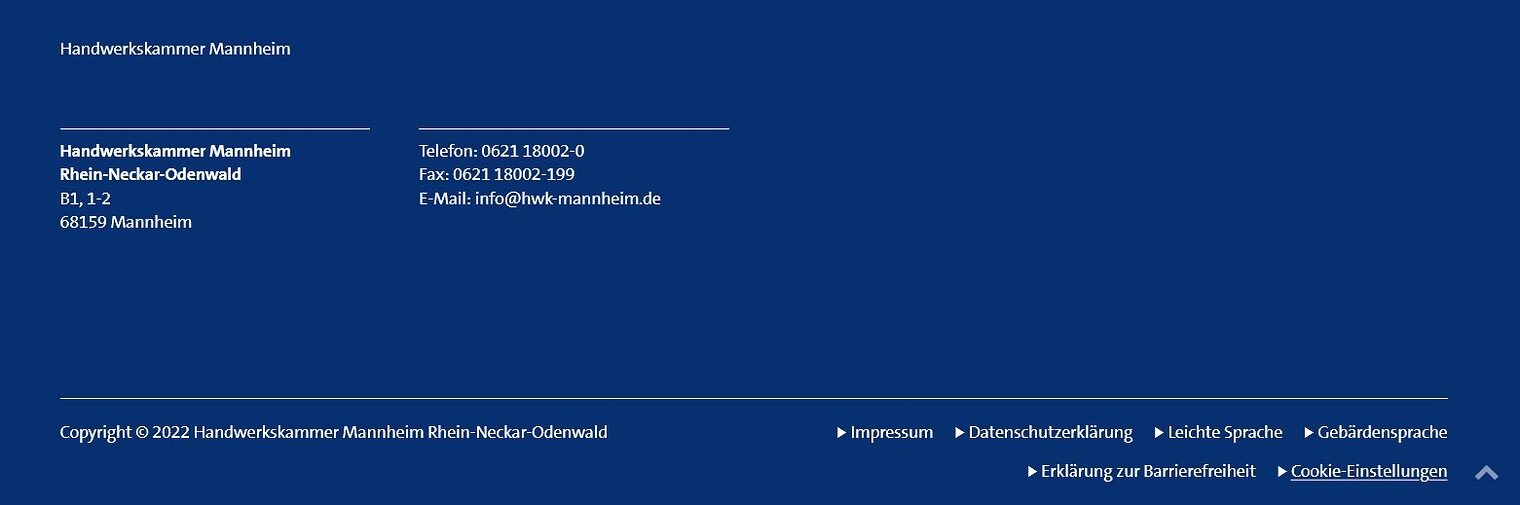 Fußbereich auf www.hwk-mannheim.de mit Kontaktdaten und Seitenlinks zu Impressum, Datenschutz, Leichte Sprache, Gebärdensprache, Barrierefreiheit und Cookie-Einstellungen